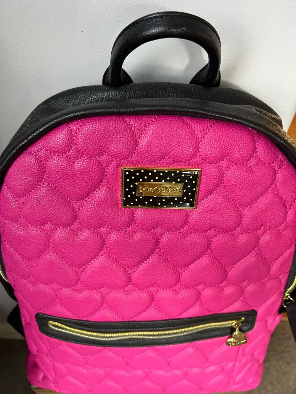 Betsey Johnson Bright Pink Quilted Heart Backpack with Black Trim